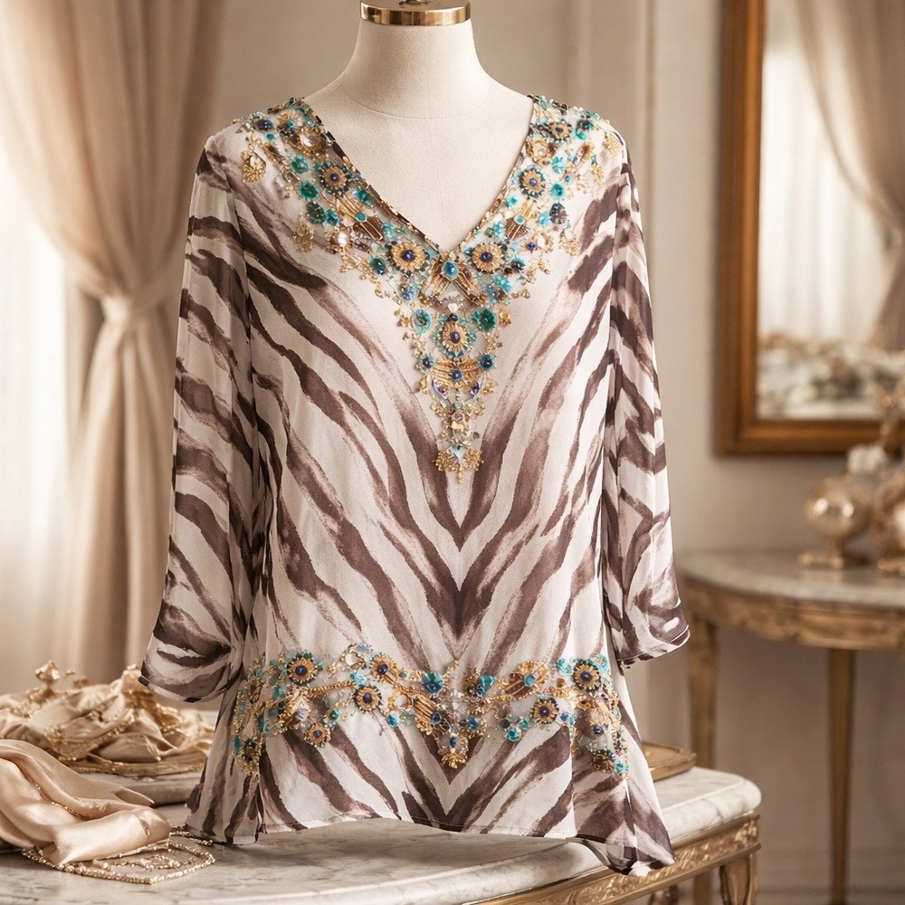Chico's Embellished Zebra Print‎ V Neck Tunic Top Women Medium